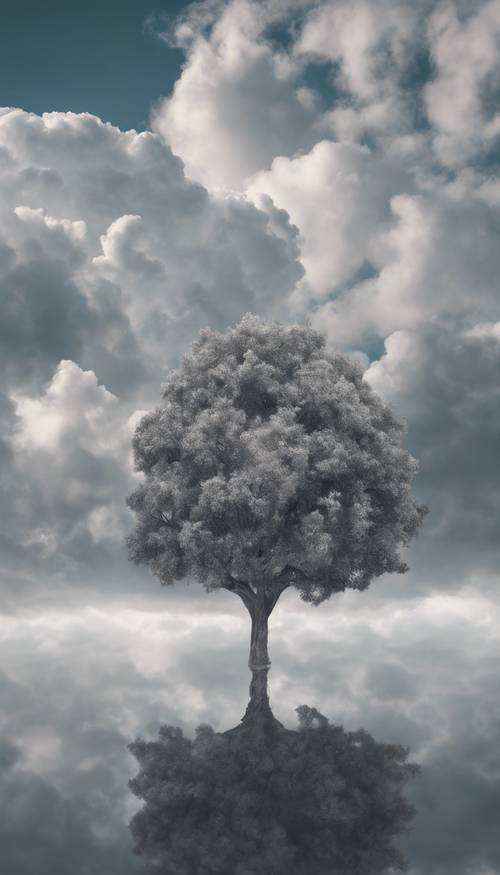 Uma imagem surreal de uma árvore cinza flutuando entre nuvens no céu.