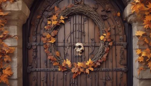 A heavily carved antique wooden door, decorated with fall leaves and a skull-themed wreath for Halloween. Ფონი [e29423acf0134b4da3bd]