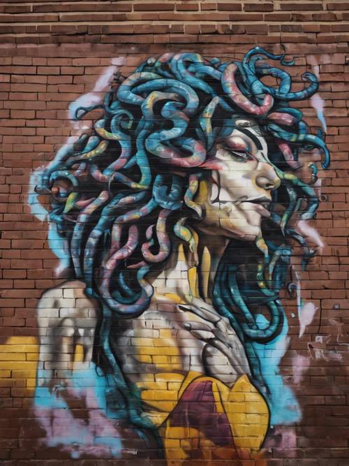 Un vivace murale di graffiti di Medusa sul lato di un edificio urbano in mattoni.