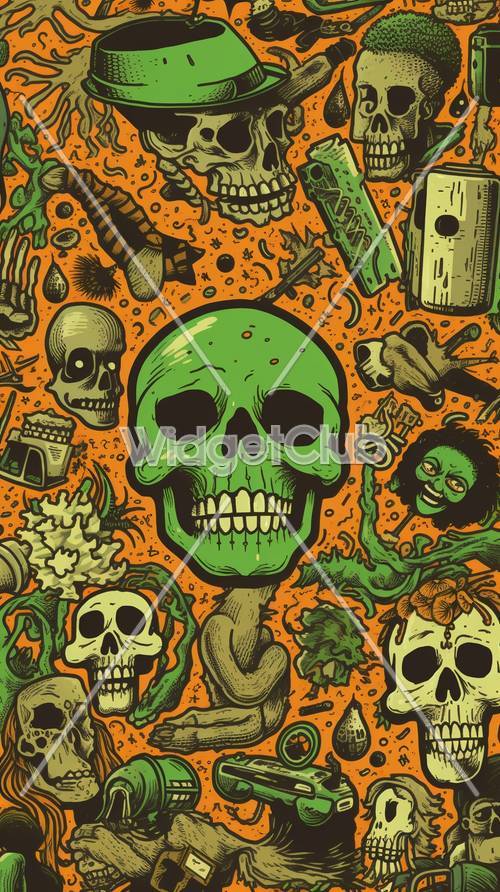 Страшные мультяшные черепа и руки зомби на Хэллоуин
