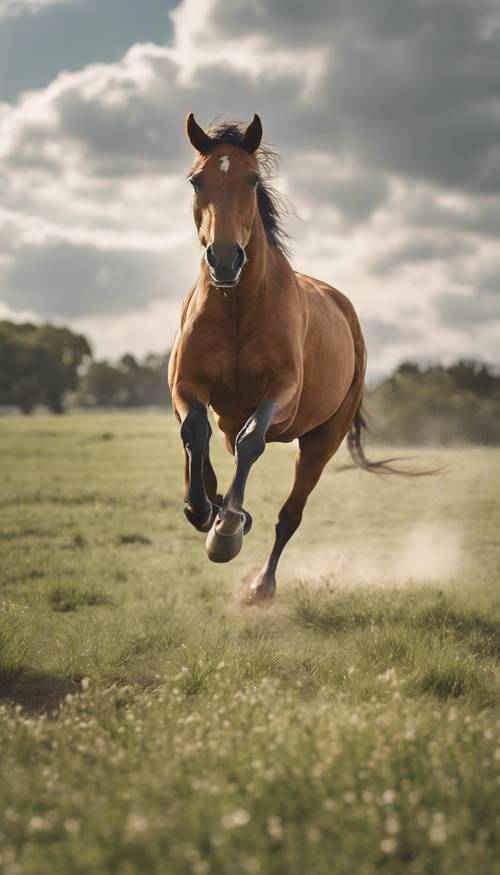 A tan thoroughbred horse galloping freely in an open field under cloudy yet bright skies.