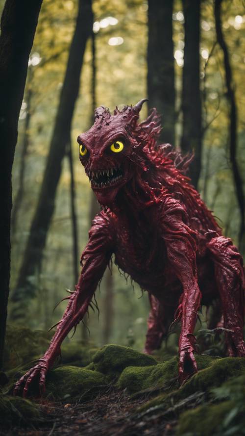 A monstrous, crimson creature lurking in the dark, green forest, its yellow eyes glowing mysteriously.