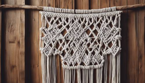 A woven macrame tapestry with intricate boho patterns against a backdrop of rustic wood. Tapet [9238eb7d7b584369b17f]