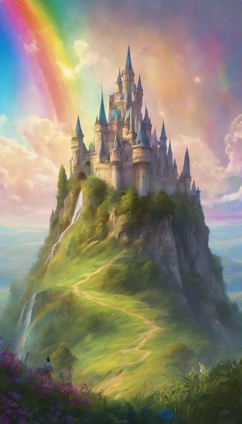 A magnificent castle standing tall on a grassy hill with a bright rainbow arching behind it.