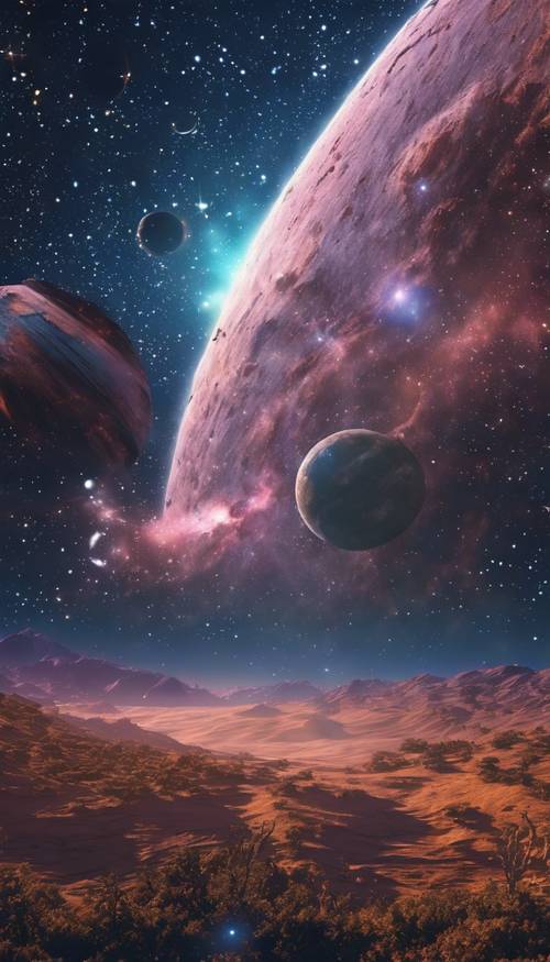 Uma renderização 3D de uma paisagem digital no estilo Y2K contra um céu cósmico cheio de estrelas