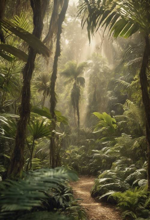 Scena z lasu deszczowego uchwycona w skomplikowane beżowe wzory. Tapeta [d15b14c337a549c2a77c]