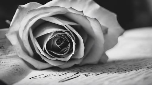وردة بيضاء وسوداء نابضة بالحياة تقع بجوار رسالة حب قديمة.