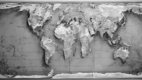 A topographical grayscale map of the world showcased under glass.
