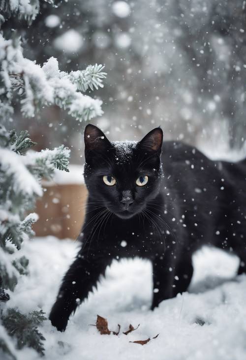 Beyaz karla kaplı bir bahçede oynayan kara kedilerin vintage fotoğrafı