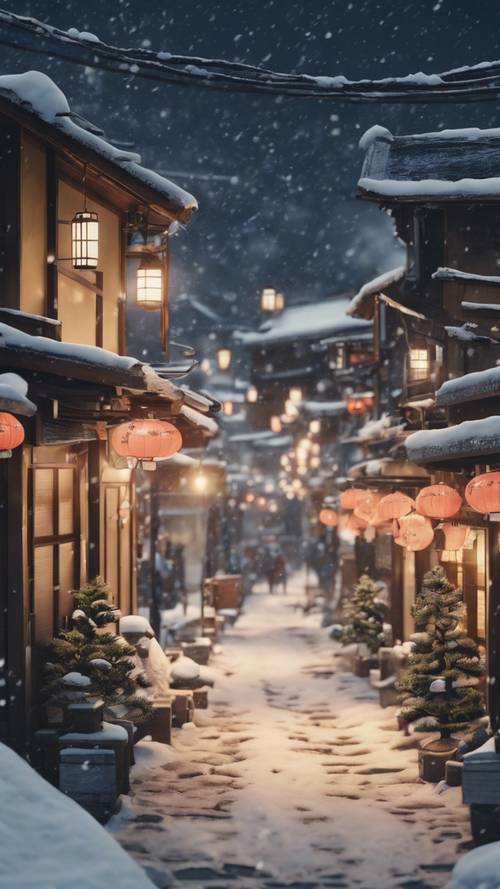 고풍스러운 일본 어촌 마을의 눈 내리는 크리스마스 저녁을 그린 매력적인 애니메이션 장면.