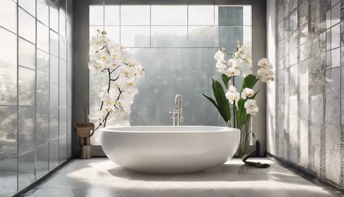 Kamar mandi minimalis dengan ubin geometris, cermin tanpa bingkai, dekorasi minimalis dengan bunga anggrek putih, dan cahaya alami yang masuk melalui jendela buram.