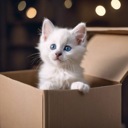 Um pequeno gatinho branco ragdoll curiosamente enfiando a cabeça para fora de uma caixa de papelão.