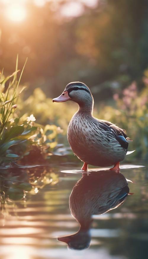 Illustration einer Kawaii-Ente in einem Teich während der sanften Farbtöne eines Sonnenaufgangs.