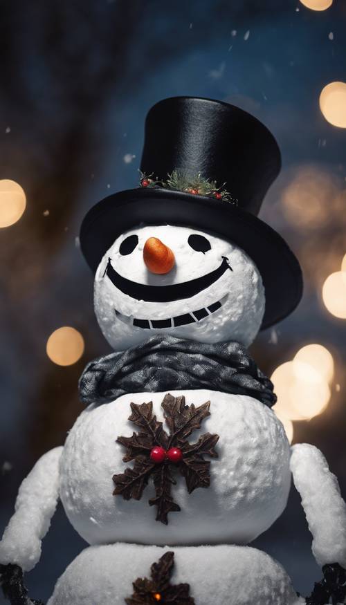 Un muñeco de nieve espeluznante que viste un sombrero de copa negro y una sonrisa malvada, proyectando sombras espeluznantes bajo la luz de la luna navideña.