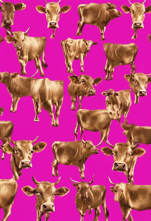 高級感のあるホットピンクの牛柄がゴールドの背景に施されたおしゃれな柄の壁紙
