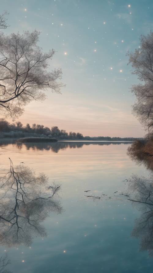 שמיים כחולים פסטליים עם שחר משתקפים באגם שקט.