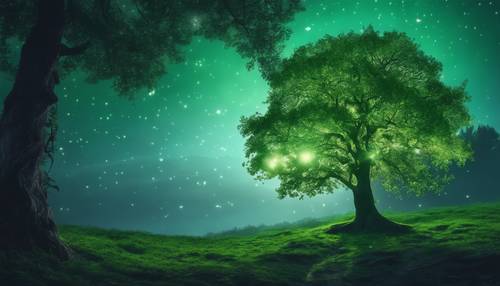 Мистическое зеленое дерево в волшебном лесу, светящееся в лунном свете.