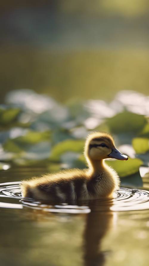 A plucky little duckling taking its first swim across a tranquil pond, followed by its proud and anxious siblings.