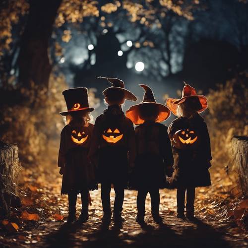 Sous la pleine lune de novembre, des ombres magiques jouent, lâchées par un groupe silencieux d&#39;enfants déguisés en personnages effrontés d&#39;Halloween.