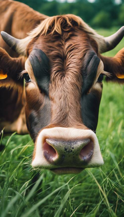 Un primo piano di una mucca con la pelle verde brillante in un bellissimo campo in erba.