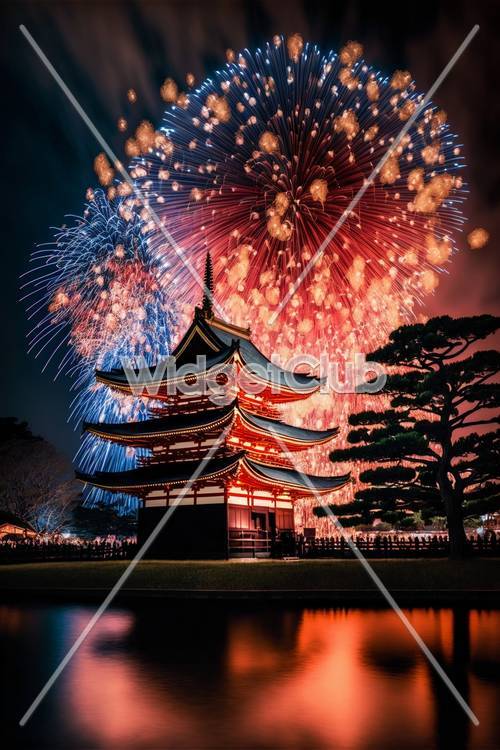 伝統的な日本の塔の上に打ち上げられるカラフルな花火