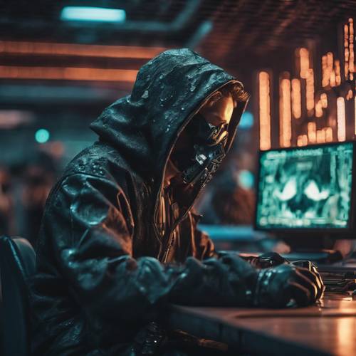 Un hacker in un futuro distopico seduto in un cybercafè sgangherato, ad aprire complesse serrature digitali. Sfondo [98ac322f5cac4f7cb7b4]