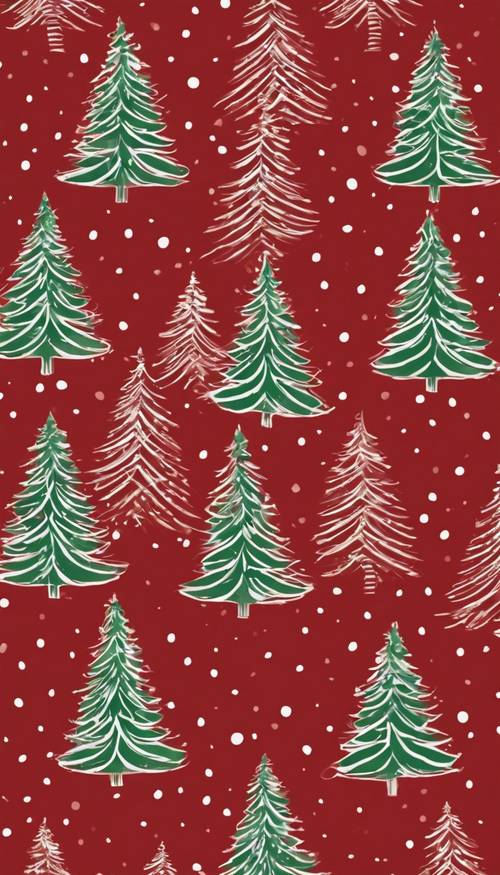 빨간색 배경에 녹색과 흰색 크리스마스 트리 패턴입니다.