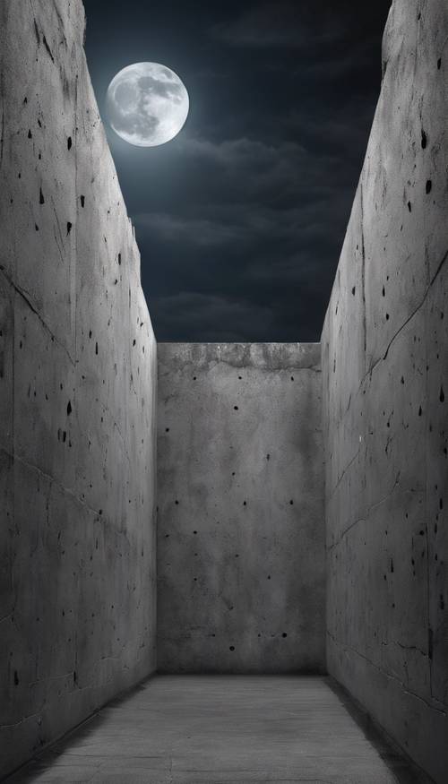 Ay ışığının altında gri bir beton duvar.