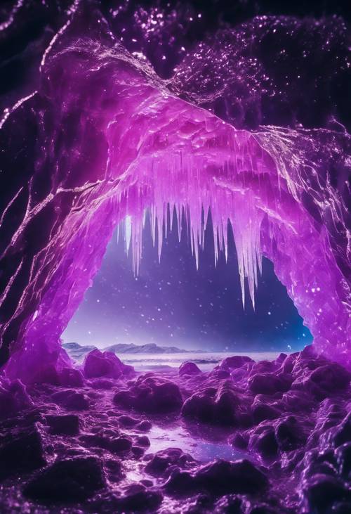 Buzlu duvarlara yansıyan yıldızlar gibi parıltılarla dolu neon mor bir buz mağarası.