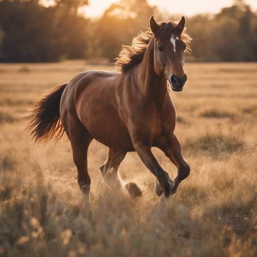 Um cavalo marrom pastel galopando em campo aberto durante o pôr do sol