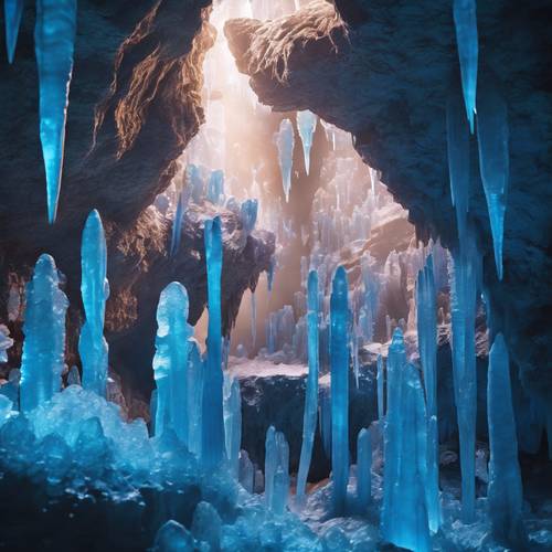 A mysterious crystal cave filled with neon blue stalactites and stalagmites