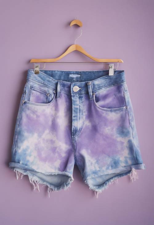A pair of denim shorts with a light purple tie-dye wash.