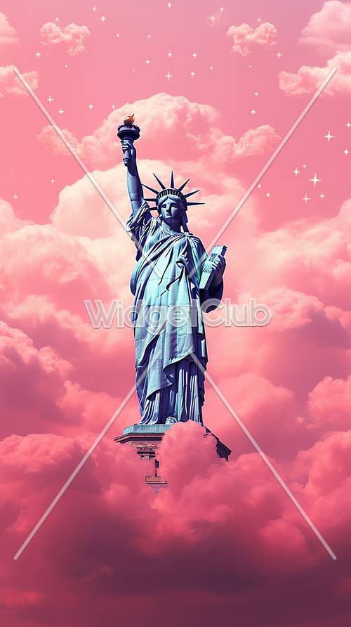 ピンク色の空と自由の女神像アート