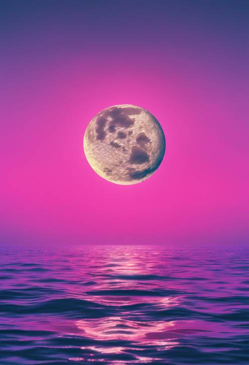 Una luna inspirada en ondas de vapor sobre el océano, el reflejo de los colores brillantes que se filtran en el agua.