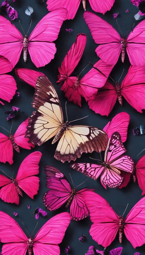 Hot pink collage showcasing a variety of butterflies. Tapet [484db189bb194bad80cd]