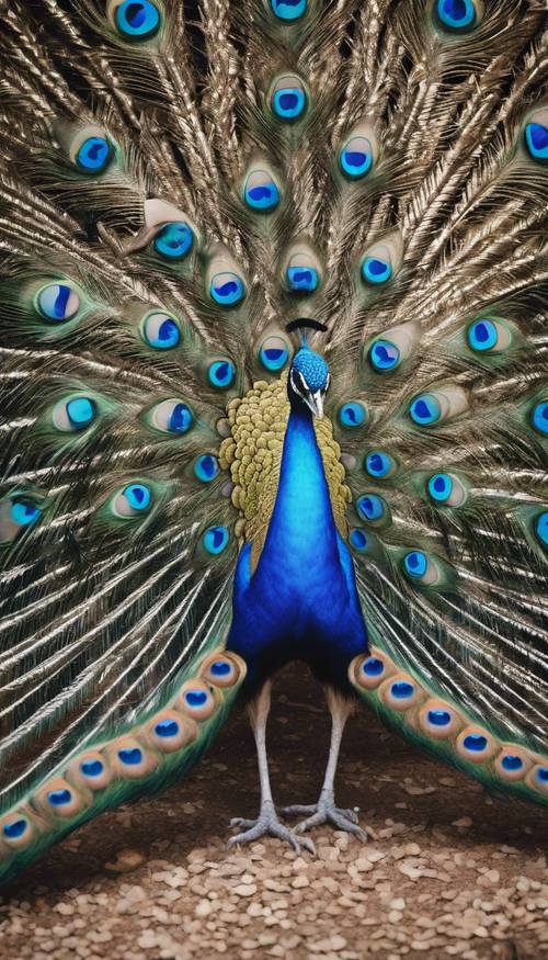 A vibrant blue peacock portrayed in a mating dance, its tail feathers spread wide in an arc.