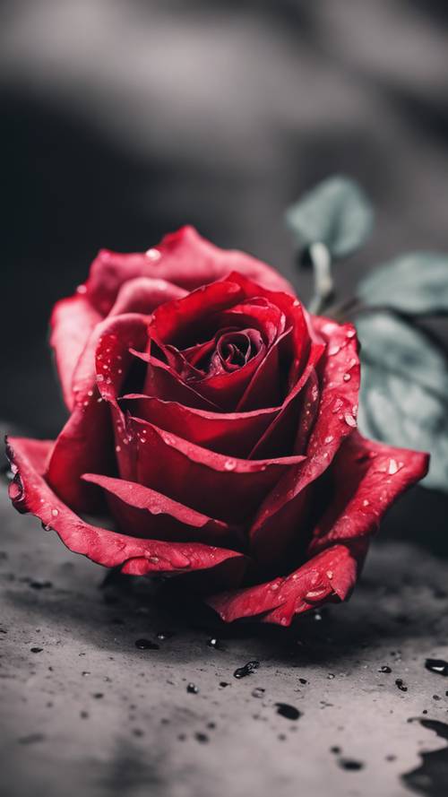 Uma rosa com pétalas passando do vermelho sangue no coração para o preto escuro nas pontas.
