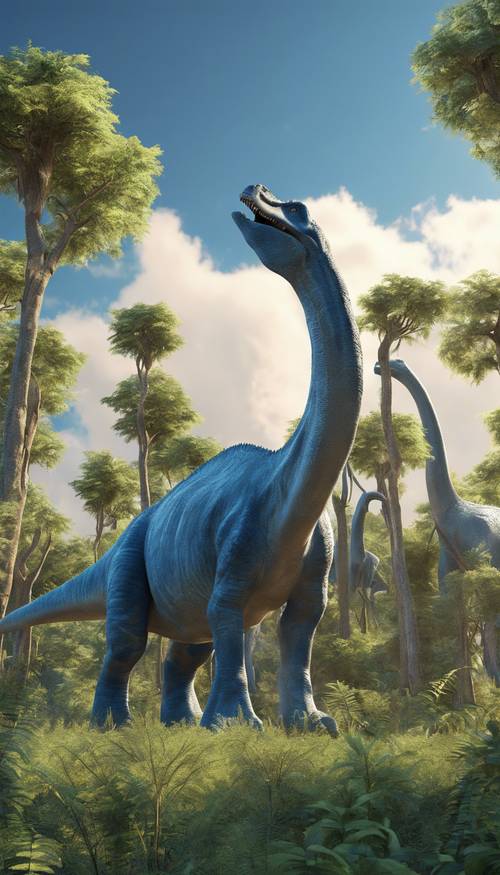 Spokojne stado ogromnych, niebieskich Brachiosaurusów pasących się na szczytach liści wysokich drzew pod słonecznym prehistorycznym niebem.