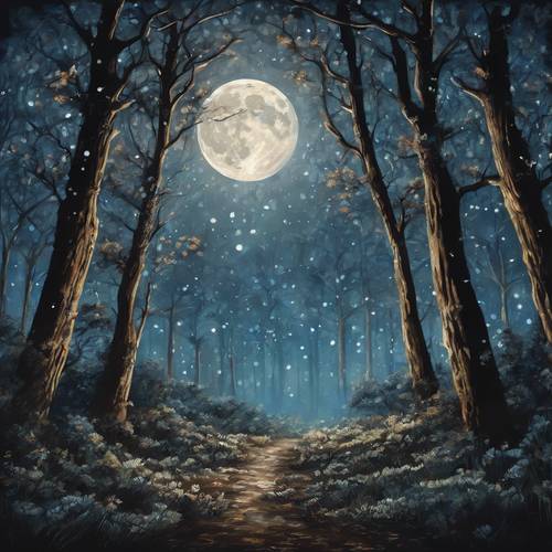 A contemporary painting of a serene moonlit night in the forest. Тапет [f17574047e734e599d41]