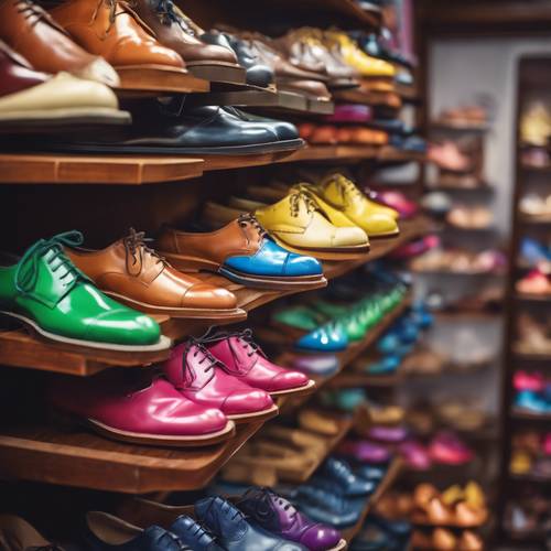 Spectator shoes with rainbow-colored soles sitting on a mahogany shelf in a preppy store.