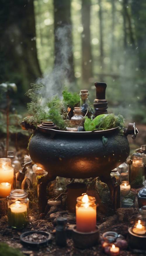 Un chaudron enfumé entouré de bouteilles de potion et d&#39;herbes magiques dans une forêt mystique.