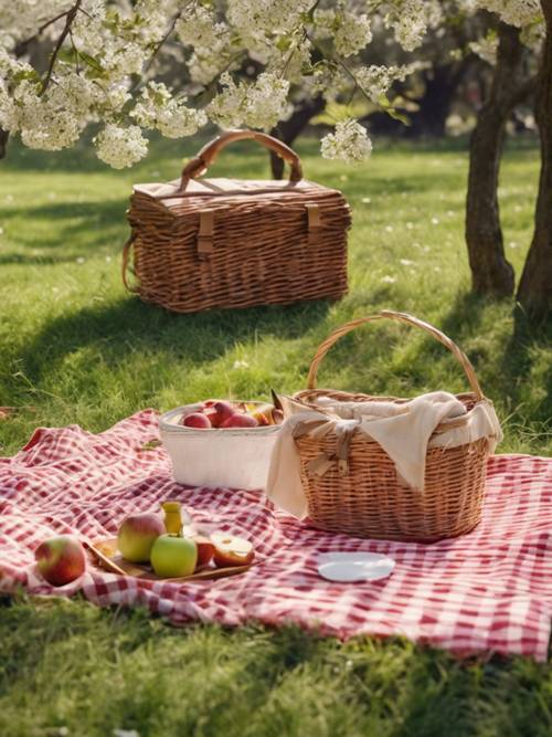 A picnic setup on a green meadow under a blossoming apple tree, complete with a gingham blanket and a full picnic basket.