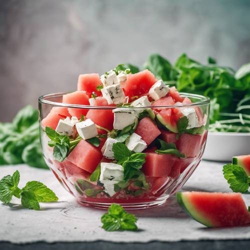 A summer salad with chunks of juicy watermelon, feta cheese, and fresh mint in a glass bowl.