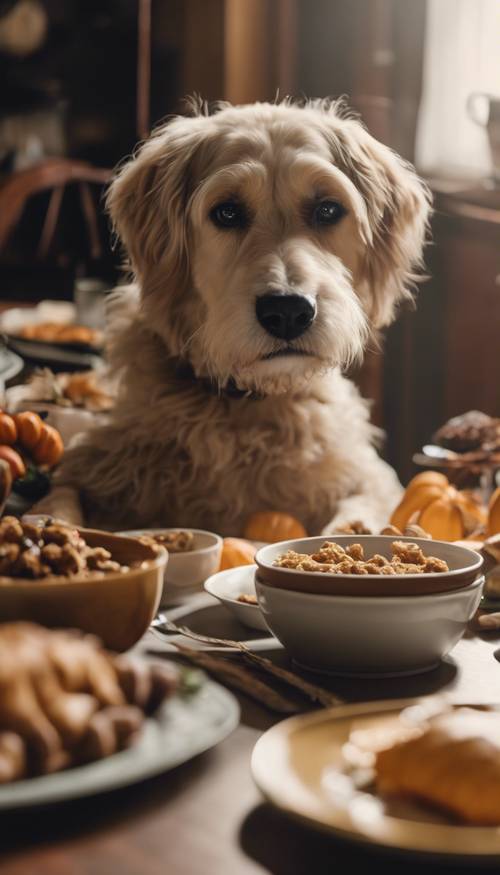 Una escena entrañable de un perro esperando debajo de la mesa por sobras durante la cena de Acción de Gracias.