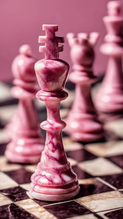 Розовый мраморный шахматный набор на игровой доске.