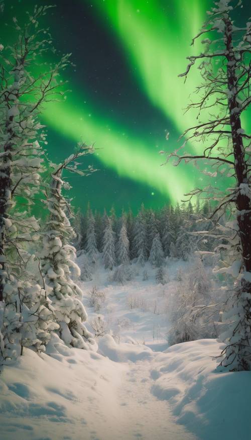 An abstract image of flaming bright green aurora lights dancing over a snow-covered wooden forest.