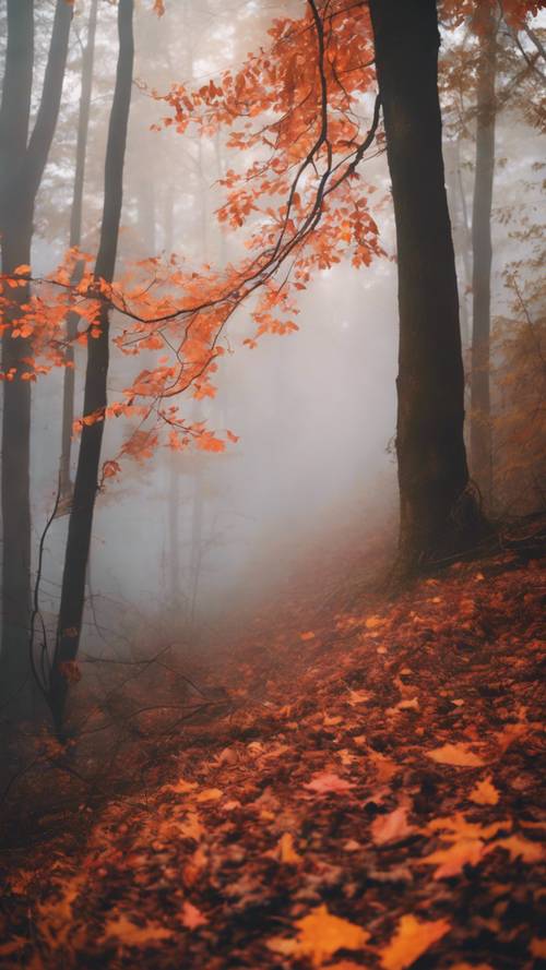 A thick fog descending on a forest with fiery-colored leaves, a sign of autumn's arrival.