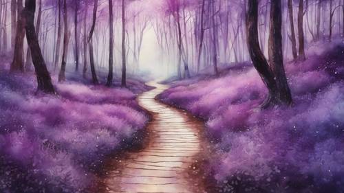 Une aquarelle représentant une forêt violette mystique avec un chemin sinueux, la citation du voyage « La vie est un voyage, pas une destination » subtilement visible en arrière-plan.