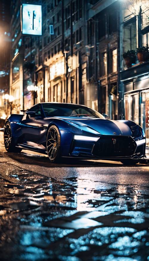 A dark blue luxury sports car parked at nighttime.