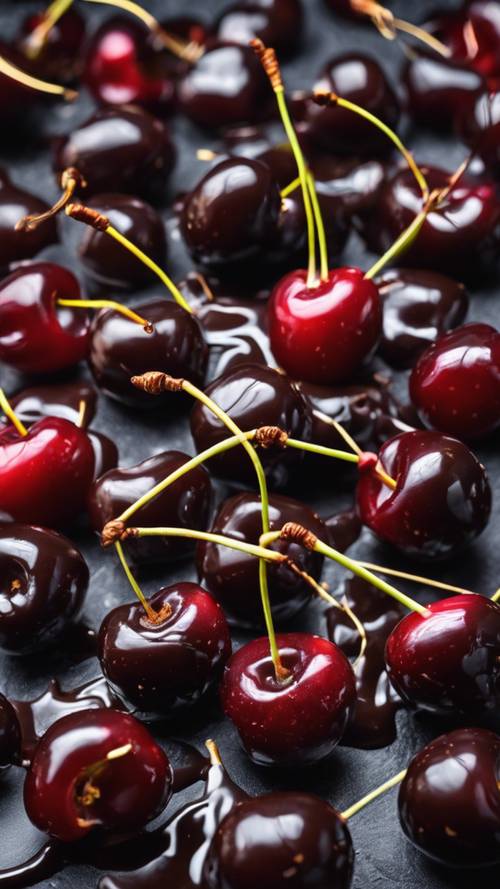 Cherries covered in glistening dark chocolate, set on a dark background.